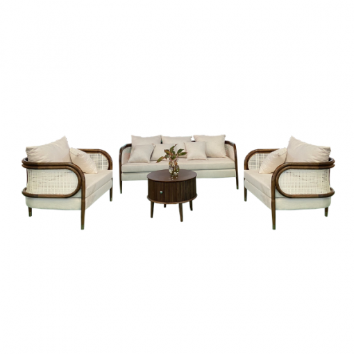 Bộ Sofa Rattan - Gỗ tần bì đệm màu trắng kem